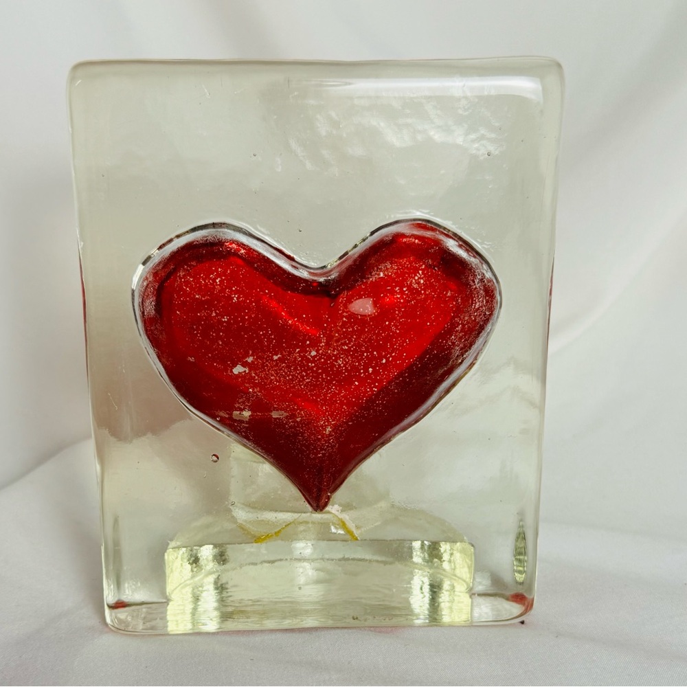 Blown Glass Red Heart Tea Light Candle Holder Block Decor - last chance! - Picture 2 of 12